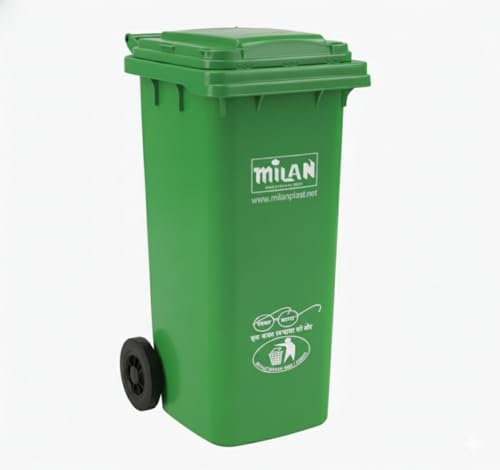 Image of Milan Plastic Manual-Lift Garbage Waste Dustbin with Wheels 120 Ltr Green
