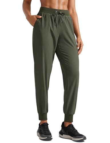 CRZ YOGA Womens Lightweight Workout Joggers 27.5 - Travel Casual Outdoor Running Athletic Track Hiking Pants with Pockets Dark Olive Large