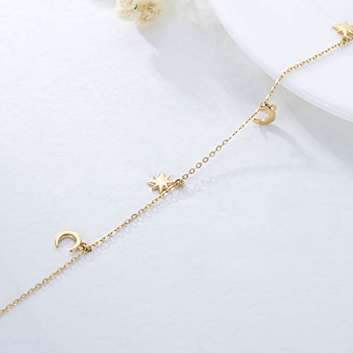 Sisgem 14K Solid Yellow Gold Small Star Moon Anklet For Women,Real Gold Station Anklet Bracelet Beach Anklet Tassel Foot Bracelet Mother Day Birthday Gifts For Her 8”+2” (14K Yellow, Gold) #TOP2