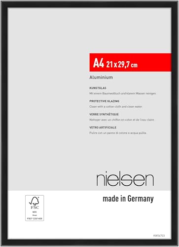 nielsen marco de fotos, 21 x 29,7 cm (A4), Aluminio, Negro mate, Marco para documentospara colgaren formato vertical y apaisado, vidrio sintético irrompible, Atlanta