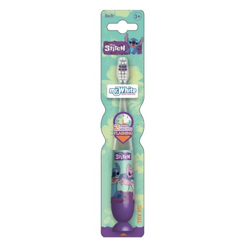 Disney Stitch Flashing Toothbrush for Kids with 2 Minute Flashing Light, Comfortable Handle Grip, Soft Rounded Bristles and Suction Cup for Upright Storage for Children Ages 3+
