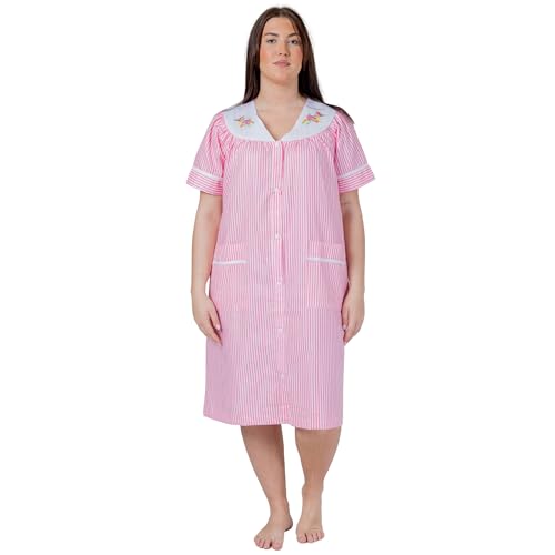 Image of Women's Short Sleeve Woven Snap-Front Closure Striped Embroidery Housecoat Duster Nightgown with Front Pockets