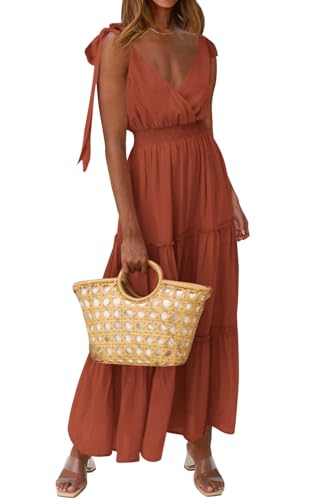 Image of PRETTYGARDEN Women's Cross Neck Summer Sleeveless Tiered Maxi Dress Beach Tie Strap Smocked Long Dresses Pleated Sundress