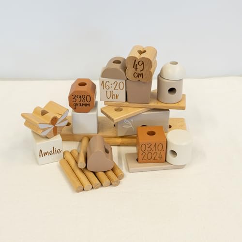 Steckspiel Stapelspiel Haus Traumhaus - - mit Name und Geburtsdaten - Personalisierbar - Geschenk zur Geburt - Geschenk zur Taufe - Holzspielzeug - Individuelles Holzspielzeug - Nougat