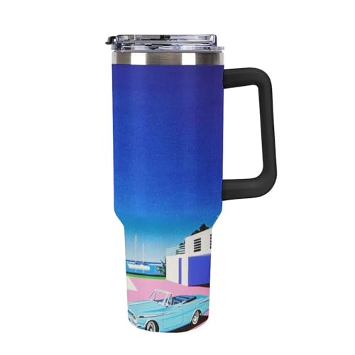 タンブラー 永井 博 夏の日 水筒 40OZ 真空断熱 保温保冷 ステンレスマグボトル 結露しない ストロー付き/直飲み可能 洗いやすい ハンドル付き 車内用 アウトドア キャンプ 大容量