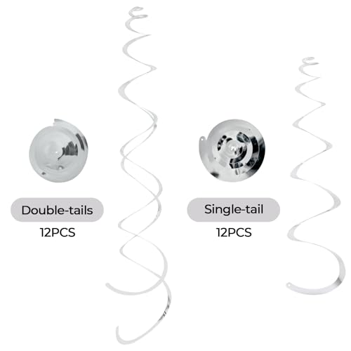Image of 24 PCS Silver Foil Hanging Swirl, Sparkle Ceiling Hanging Decorations, Plastic Streamer Party Decorations, Swirl Decorations with Double-Swirls and Single-Swirls for Birthday,Happy New Years
