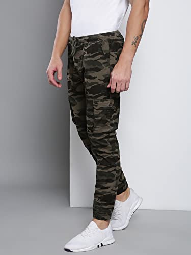 Image of Dennis Lingo Camouflage Print Cotton Men's Casual Cargo Pant, Tapered Fit, Mid Rise, Ankle Length, Multi-Pocket Drawstring Stretchable Cargos for Men, Trousers