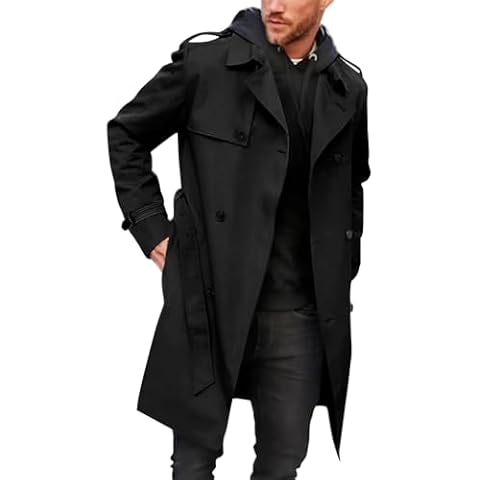 Pretifeel Mens Trench Coat Slim Fit Double Breasted Long Jacket Notched Lapel Belt Fall Windproof Coat Cover