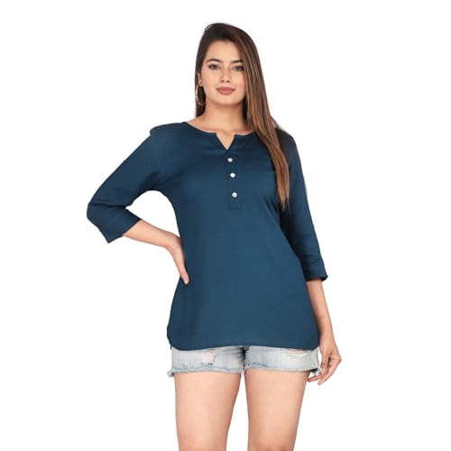 Image of Himanshi enterprises Women's Traditional Casual 3 /4 Sleeves Mandarin Nack Rayon Solid Short Kurti