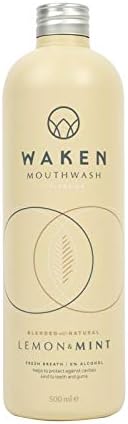 Waken Mouthwash for Fresh Breath 100 Natural Flavours Alcohol Free with Added Fluoride No Artificial Colours or Flavourings Vegan Eco Friendly Sustainable, Lemon & Mint, 500 ml
