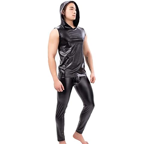 Men's Faux Leather Tank Top Tight Trousers Suit Wetlook Sleeveless Hooded Undershirt PU Man Leggings Shirt Trousers Black, Trousers and shirt, XL Cover