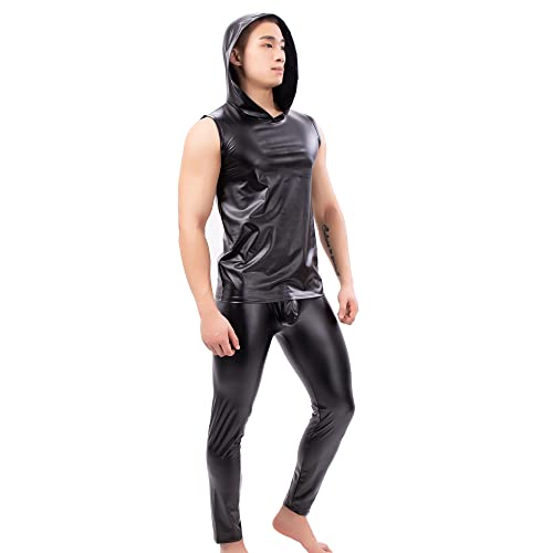 QiaTi Herren Kunstleder Tank Top Enge Hose Anzug Wetlook Ärmellos Kapuzen Unterhemd PU Mann Leggings Shirt Hose Schwarz Cover
