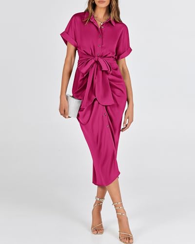 BTFBM Dresses for Women Summer Button Short Sleeve Silk Satin Ruched Spring Maxi Dress 2026 Cocktail Party Wedding(Rose Red, Medium) — view 4