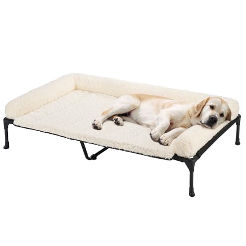 Veehoo Orthopedic Elevated Dog Bed Add Removable Deluxe Rose Plush Bolster Cushion Mat, 53" x 33" Washable Dog Couch Bed, Raised Pet Cot with Breathable Teslin Mesh, No-Slip Feet, White, CWC2439B
