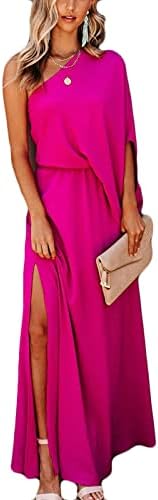 DRESSMECB Women's Casual One Shoulder High Slit Short Sleeve Maxi Long Dress Rose Small