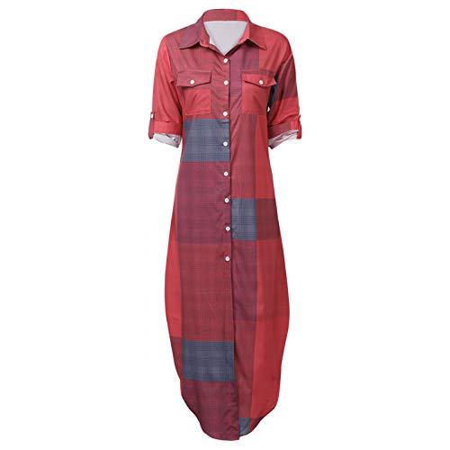 HUIOP Vestido feminino vintage, Vestido de camisa feminina vintage xadrez com correntes estampadas g