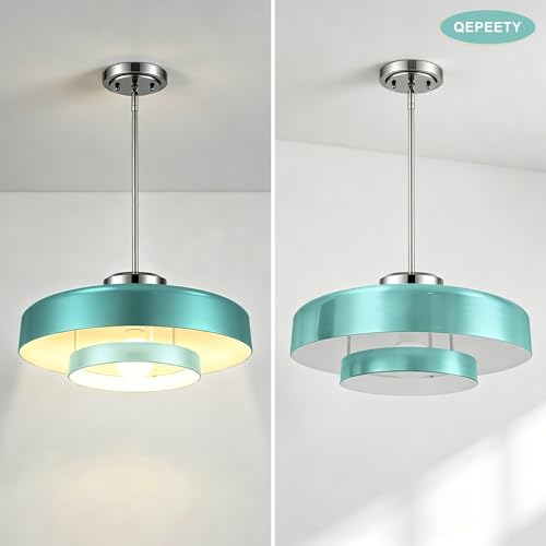 Image of Turquoise Blue 2-Tier Drum Pendant Light, 13.8 inch Adjustable Height Modern Hanging Light Fixture, Chrome Finish Metal Ceiling Lamp for Kitchen Island Dining Room Bedroom