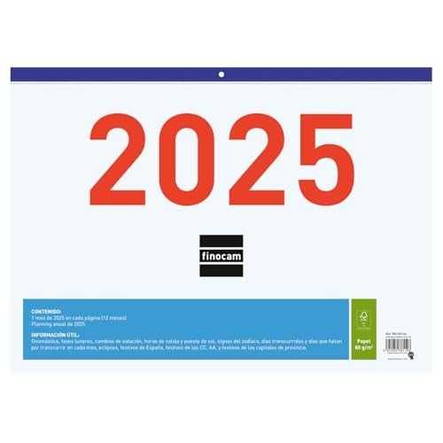Finocam - Calendario Faldilla Mixta 2025 Mes Vista Enero 2025 - Diciembre 2025 (12 meses) Español
