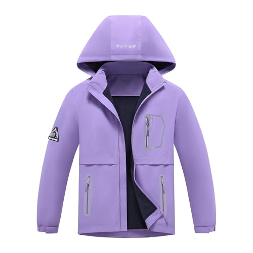 BuyiRen Boys Girls Windbreakers Jacket Rain Jackets Hooded Raincoat Fleece Lined Rain Coats for Kids, Purple, 5-6 Years