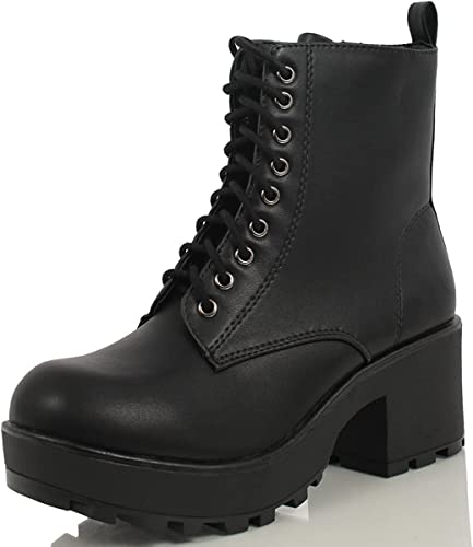 Soda Women's Magpie Faux Leather Lace-Up Combat Mid Heel Military Ankle Boots