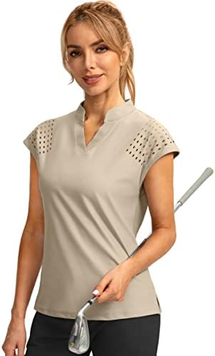 Soothfeel Women's Golf Shirt Cap Sleeve V Neck Polo Shirts Lightweight Quick Dry Workout Tennis Shirts Tops for Women(Khaki, M)