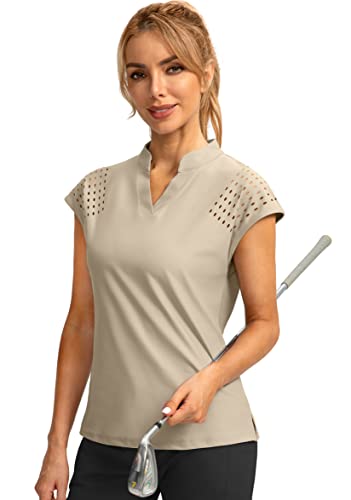 Soothfeel Women's Golf Shirt Cap Sleeve V Neck Polo Shirts Lightweight Quick Dry Workout Tennis Shirts Tops For Women(Khaki, M) #TOP30