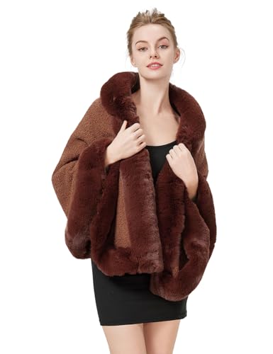 Faux Fur Shawl Wrap Cape Poncho with Trim Women Cardigan Coat Sleeveless Open Front Winter Dressy Fashion Tops