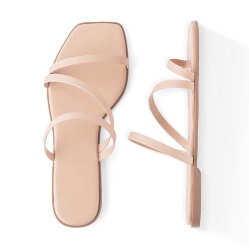 LACUONE Strappy Flat Sandals For Women Slip On Square Open Toe Slides Sandals(8.5,Nude)