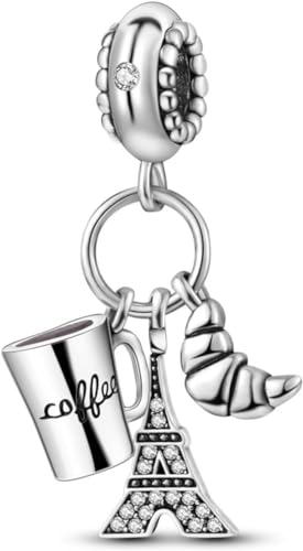 Image of Paris Eiffel Tower Croissant and Coffee travel charm 925 Sterling Silver Compatible with Pandora Charms,and Many Other UK Charm Bracelets.