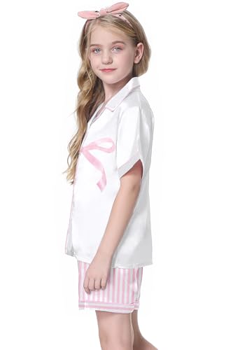 Image of Schbbbta Girls Womens Pajamas, Satin Silky Pjs Set Kids 2Pcs Button-Down Nightwear Sleepwear Gift for Mommy and me