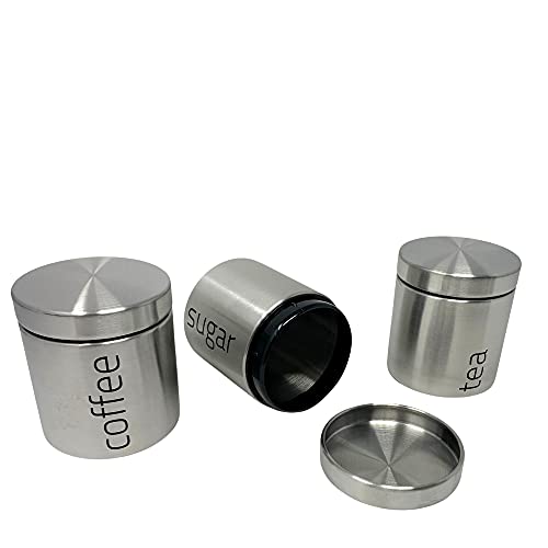 plastific 3pcs Set of Stainless Steel Tea Coffee Sugar Canisters, Silver, 10 cm (L) x 11 cm (H) - Image 3