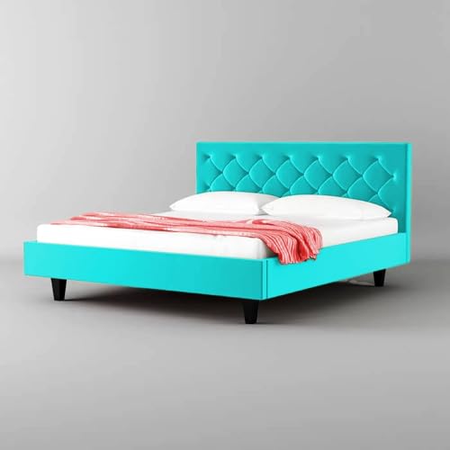 Image of Wooden Modern Upholstered King Size Bed for Bedroom | Wooden Double Bed Without Storage | Platform Cot Upholstered Bed with Upholstery Fabric | Engineered Wood | 6.5 x 6 Ft | Sky Blue