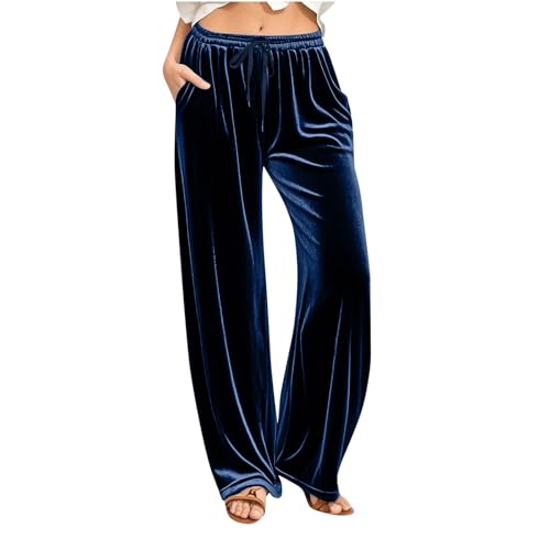 Womens Velvet Wide Leg Pants 2025 Casual Loose Long Pants Sweatpants High Waist Comfy Trousers with Pockets Navy