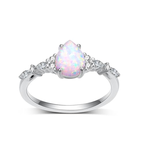Pear Shaped Natural Opal Engagement Ring Set for Women, 925 Sterling Silver 1 Carat Opal Wedding Band Bridal Ring Set Anniversary Birthday Jewelry Gifts for Women2