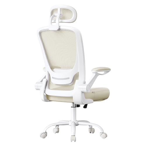 SONGMICS Office Chair, Mesh Swivel Chair, Ergonomic Lumbar and Head Support, Tilt Function, Wide Seat, Foldable Armrests, for Office Bedroom, Cappuccino Beige UOBN047K01 image 5
