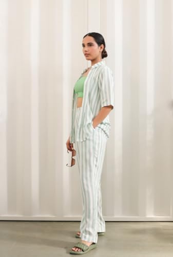 Image of Women's Cotton Loungewear, Nightwear Green and White Stripes Half Sleeves Shirt with Pyjama ; DR.BD-PS-MGSPS