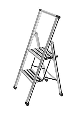 WENKO Ladder I Aluminium Step I Anti Slip I Portable Folding Ladders Lightweight I Stepladder I Silver I 2 Step Folding I Caps Black I Dimensions L/H/W: 17.3 x 39,8 x 2.2 inches