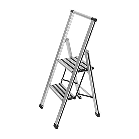 WENKO 2 Step Ladder, Aluminum Folding Step Stool with Wide Anti Slip Steps, Heavy Duty Step Stool, Hold up to 330lbs, Lightweight Indoor Outdoor Ladder, 17.3 x 39.8 x 2.2 in, Silver Cover