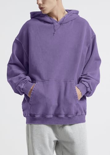Mens Hoodies Pullover Vintage Hooded Sweatshirt Washed Hoodie Oversized Heavyweight Streetwear Cotton Sweatshirt with Pockets(Purple,L)3
