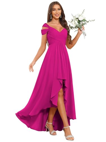 Off The Shoulder Bridesmaid Dresses with Pockets High Low Ruffle Chiffon Ruched Formal Evening Gowns for Wedding