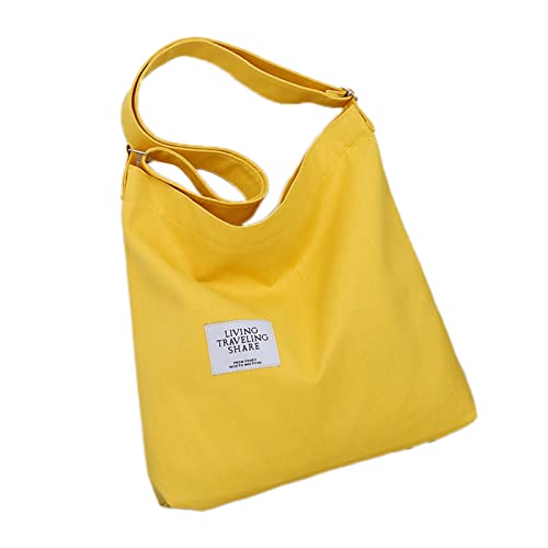 Cicilin Sacola feminina de lona para ombro com zíper, reutilizável, grande, sacola de compras, Amarelo, 36*36*9CM