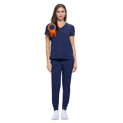 M&M SCRUBS Women's Essential Jogger Scrub Set Nursing Uniform Clearance Cool Stretch Scrub Top and Pant Workwear (True Navy Blue, Medium)