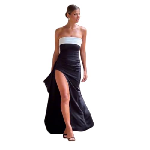 Image of Women's Sexy Strapless Backless High Split Long Maxi Dress Ruched Off Shoulder Sleeveless Bodycon Party Cocktail Dresses