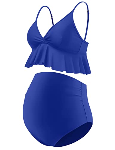 Bhome Maternity Two Pieces Bikini Set Summer High Waisted Pregnancy Swimsuit Ruffle Swimwear Royal Blue L #TOP8