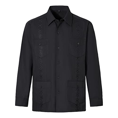 Camisas Guayabera de manga larga para hombre Camisas cubanas, Negro, Medium