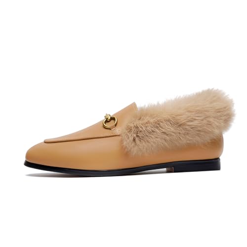 Image of Vertundy Tan Loafers Brown Fur Loafers for Women Low Heel Flats Loafers