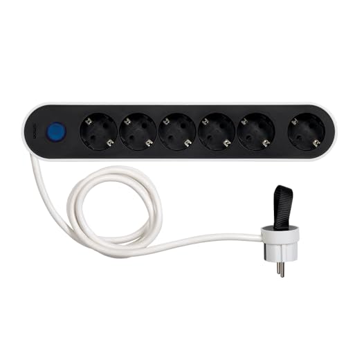 SIMON - Enchufe Múltiple, Regleta de Enchufe Plano, Ladrón de Enchufes con Interruptor de Luz, Ordenacables, 6 Tomas, Cable de 1,4 metros y Clavija Extraplana Lateral, Color Blanco y Negro