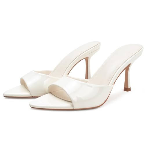 Image of Riekhany High Heel Mules for Women Slip On Open Pointed Toe Classy Patent Leather Stiletto Pumps Formal Slingback Mule Sandals Dress Walking Shoes