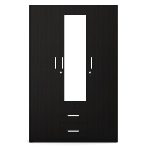 Image of Spacewood Apex 3 Door Wardrobe with Mirror | Natural Wenge Finish | Engineered Wood Almirah with 3 Drawers (1 Lockable) & 2 Hanging Spaces | Bedroom Cupboard Almari | 3-Year Warranty