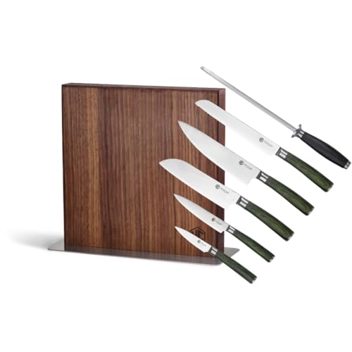 HexClad 7-Piece Knife Set, 6-Piece Essential Knife Set and Magnetic Knife Block, Japanese Damascus Stainless Steel Blades, Full Tang Construction, Pakkawood Handles